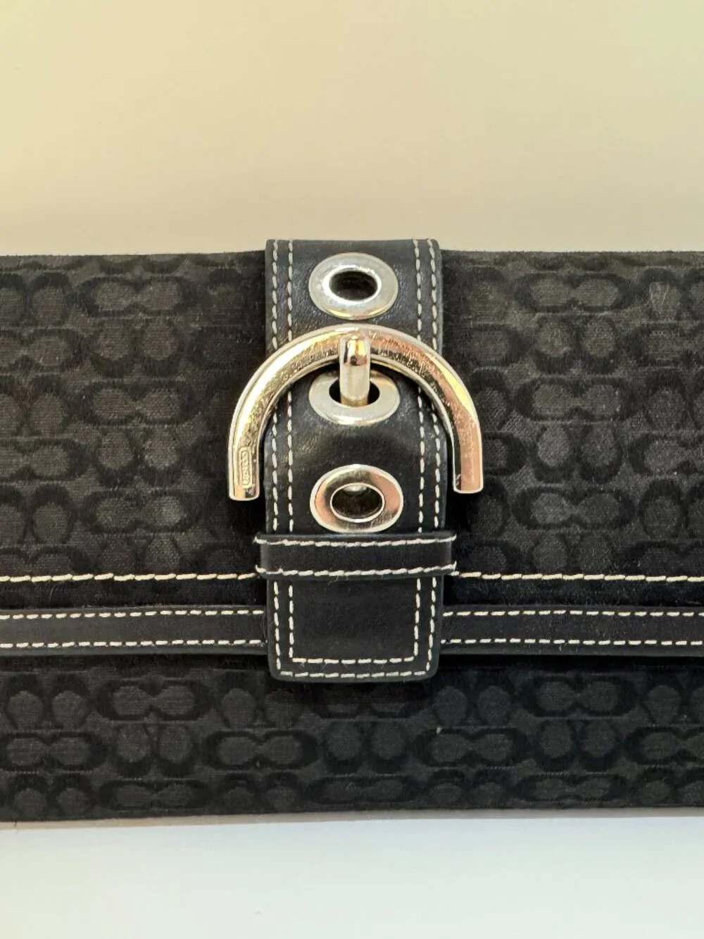 Coach Signature Black Jacquard Leather Trifold Checkbook Wallet Clutch